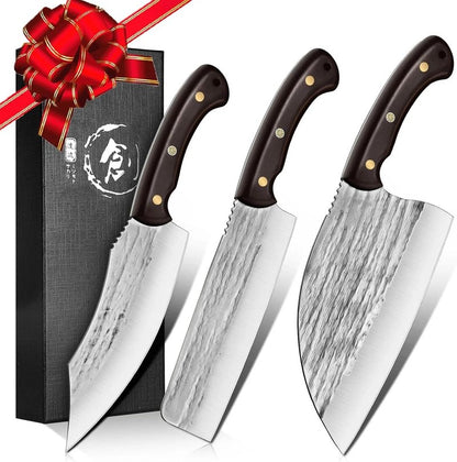 TIJERAS Butcher Knife Set, 3PCS Hand Forged Chef Knife Set, Serbian Chef Knife & Meat Cleaver Knife & Nakiri Knife, BBQ Knife Set for Meat Cutting, Japanese Men Camping Knife Set for Cooking