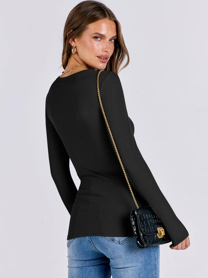 ANRABESS Women Long Sleeve Shirts Rib Knit Slim Fit Tops Basic Tee 2025 Fall Outfits Casual T-Shirt Underscrubs Layer Clothes Black Medium