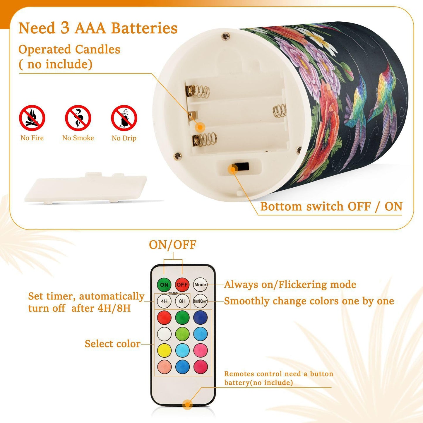 ALAZA Hummingbirds and Flowers Poppies Flickering Flameless Candles Battery Operated with Remote Timer,Tea Light Candles LED Pillar Votive Candles Set of 2 for Outdoor Indoor Decorations