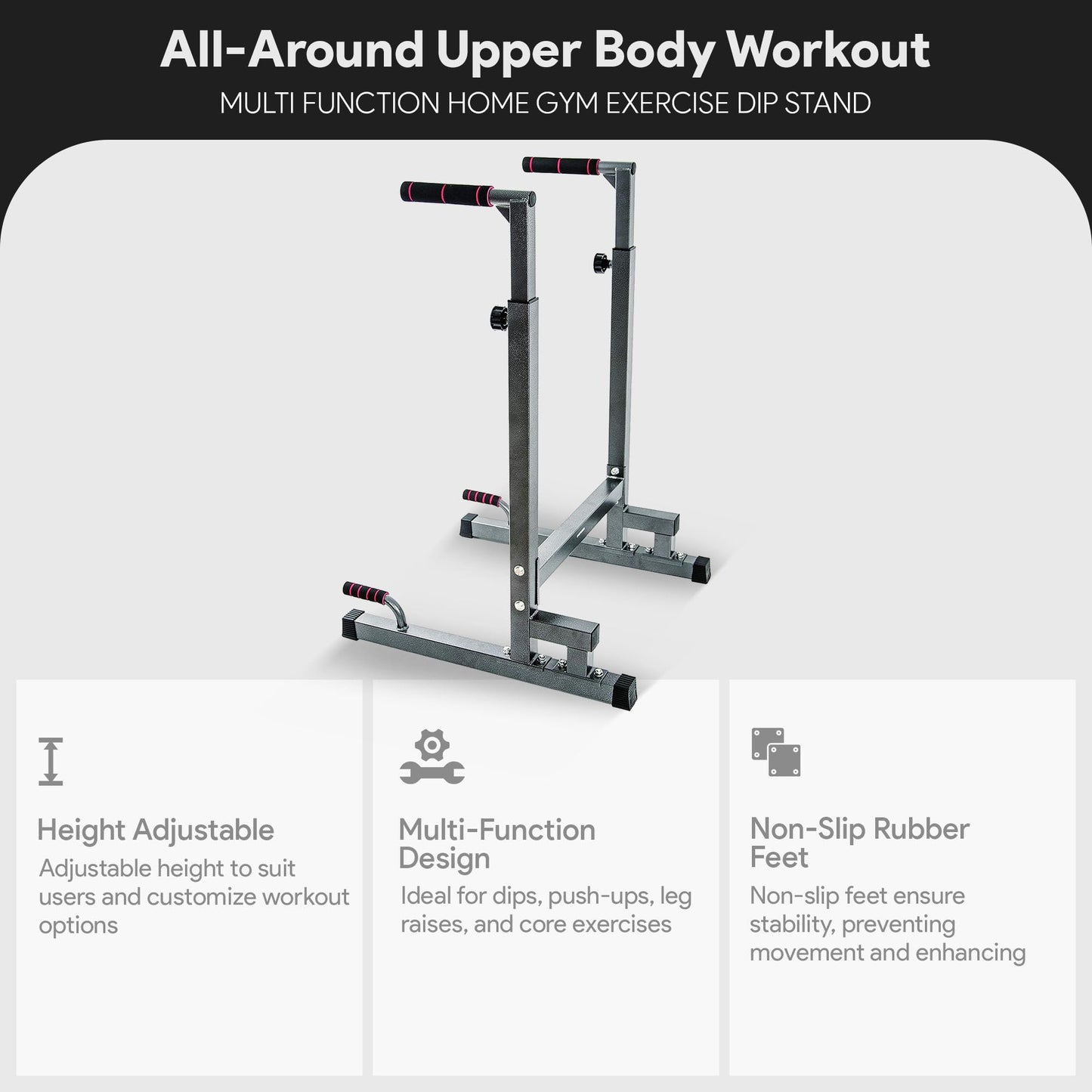BalanceFrom Steel Frame Dip Station with Adjustable Height, 500 Pound Weight Capacity – Upper Body Workout Home Gym Equipment for Triceps, Push & Pull Ups, Leg Raises, and Bench Press