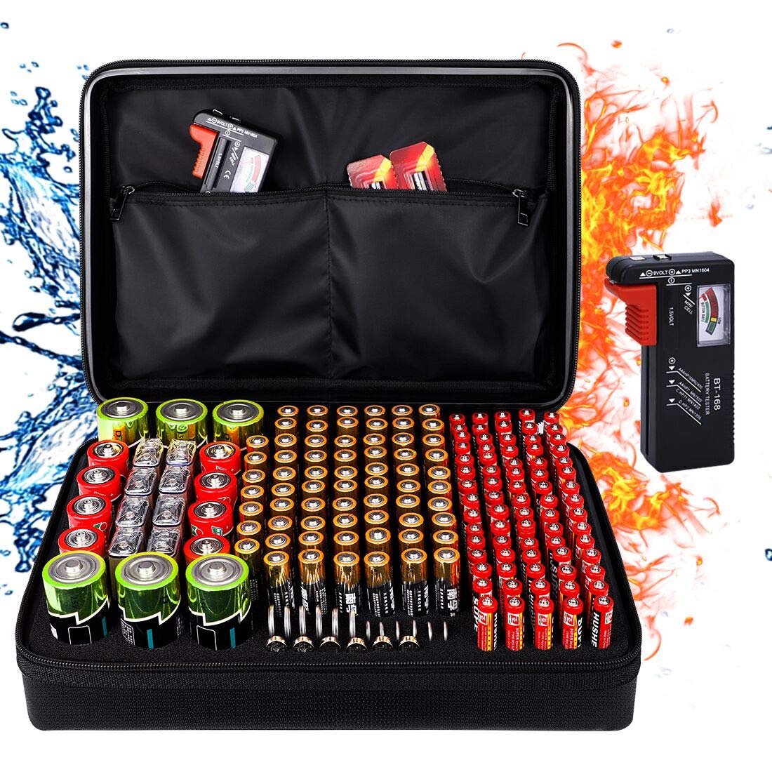 DocSafe Fireproof Battery Organizer Storage Box,Fireproof Waterproof Carrying Case Bag Holder,Safe Storage Holds 200+ Batteries AA AAA C D 9V, with Battery Tester BT-168 (Not Includes Batteries)