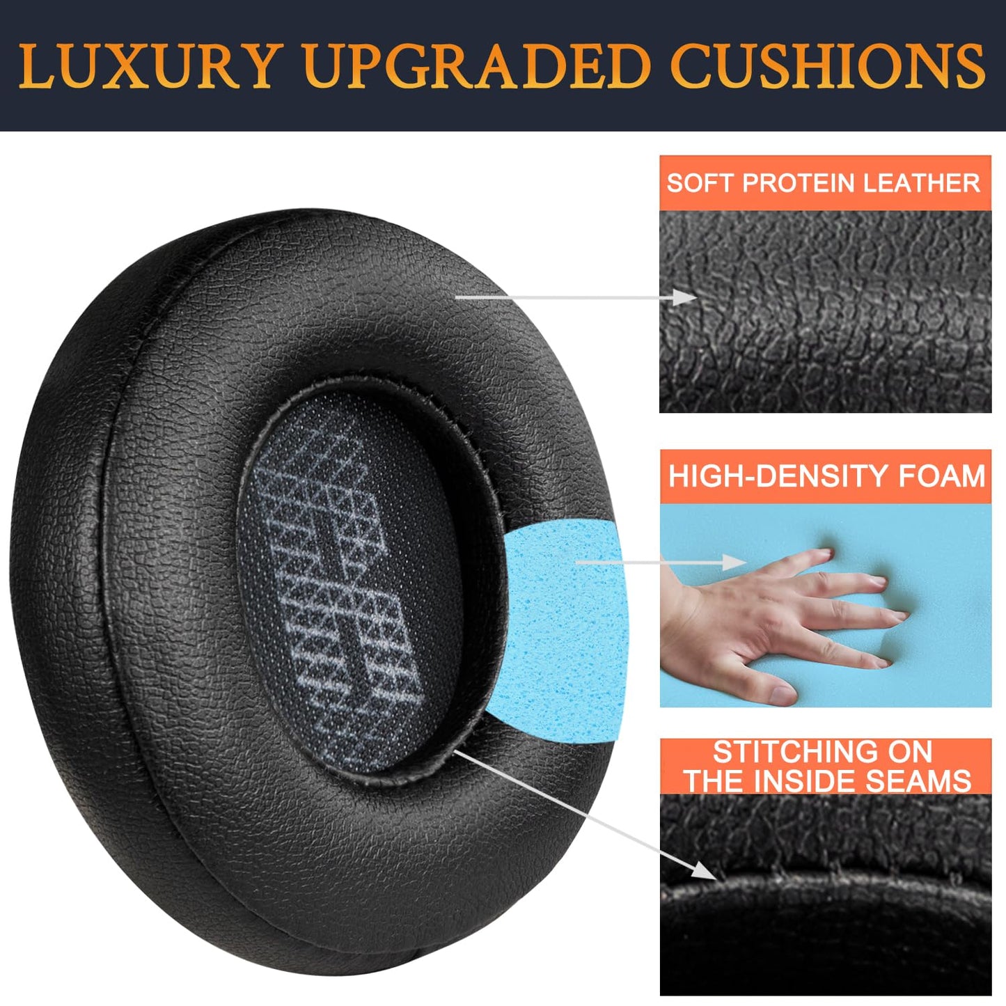 SOULWIT Replacement Ear Pads for JBL Live 400BT/Live 400 BT On-Ear Wireless Headphones, Live400 Earpads Cushions with Softer Protein Leather, Noise Isolation Foam - Black