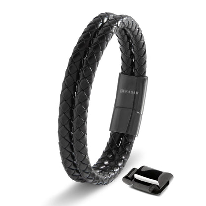 SERASAR 8″ Black Leather Bracelets for Men Mens Cowhide Gift Box Braided Bracelet Stainless Steel Jewelry Wrist Band Cuff Wrap Rope Bangle Dad Man Pulseras para Hombres Cuero Regalo