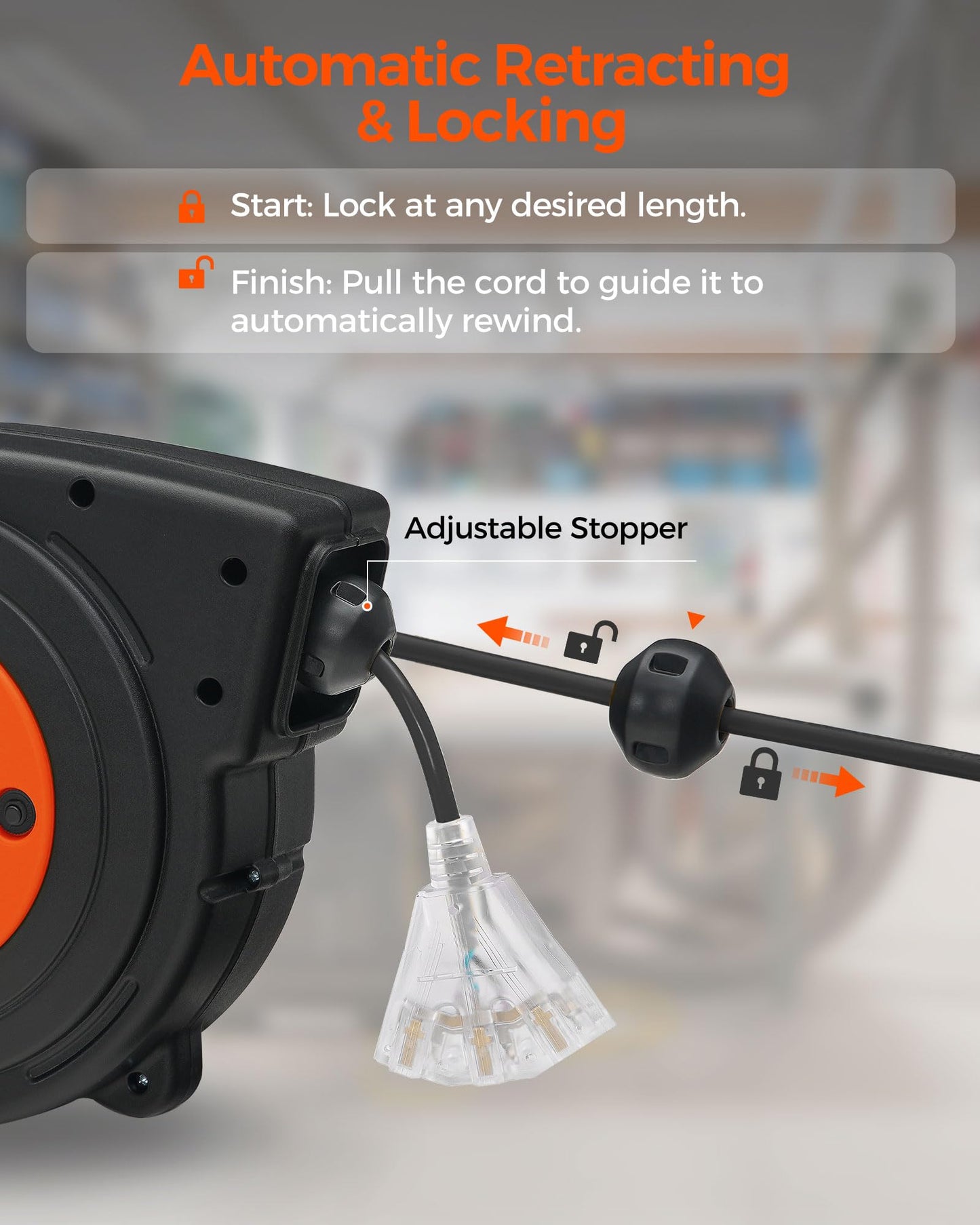 WILAWELS 45 FT 12AWG/3C SJTOW Retractable Extension Cord Reel and 18W 2000LM 25FT LED Work Light Bundle, for Garage, Workshop, Car Repair Scene B45CR06- Y04WL06