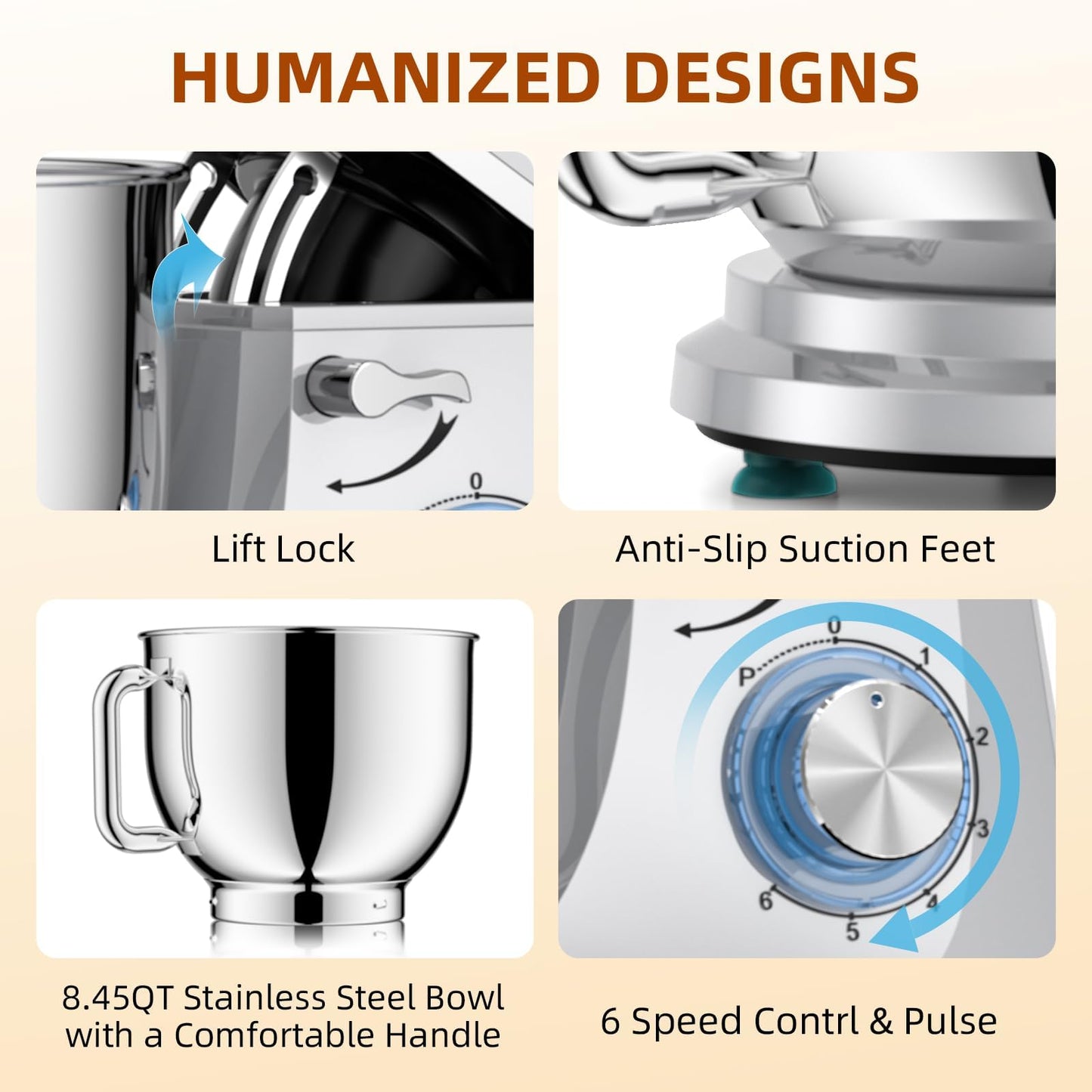 Babroun Dough Mixer 8.45 QT Electric Mixer - 660W 6 Speed Large Capacity Kitchen Stand Mixer with Whisk Dough Hook Mixing Beater Household Food Mixer for Baking Cakes Cookie Bread Salad(Silver)