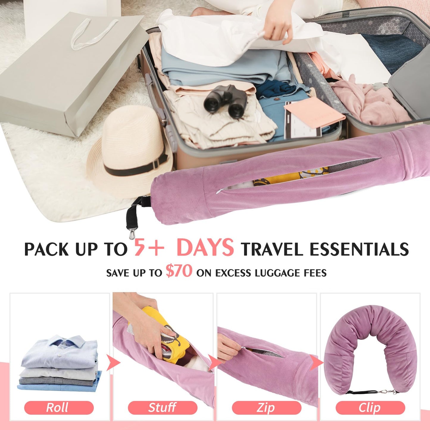 NK HealthCare Stuffable Travel Pillow, Stuffable Neck Pillow for Travel, Neck Pillow Stuffed with Clothes Storage - No Extra Baggage Fees, Fits 5+ Days of Travel Essentials, No Filler (Pink)