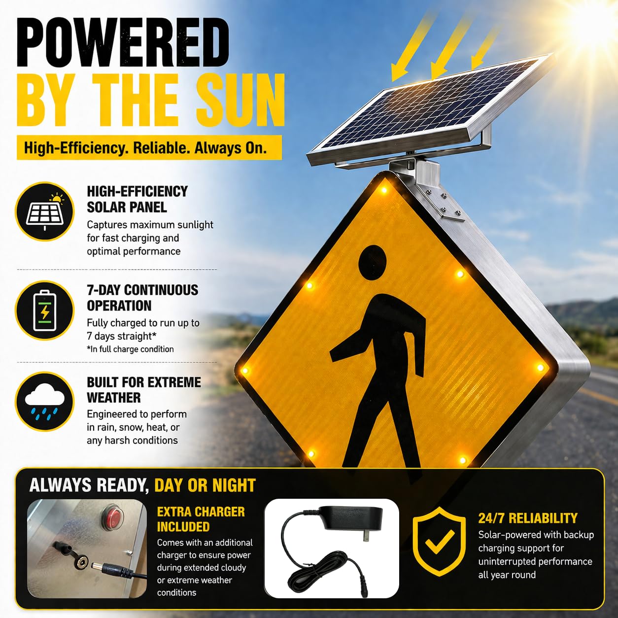 GAJTTR 24" Solar Powered LED Pedestrian Crossing Sign, High Visibility Flashing Crosswalk Sign with 8 Blinking LEDs, Engineer Grade Reflective Film, Heavy Duty Aluminum Metal Frame for Schools, Driveways & Communities (Yellow)