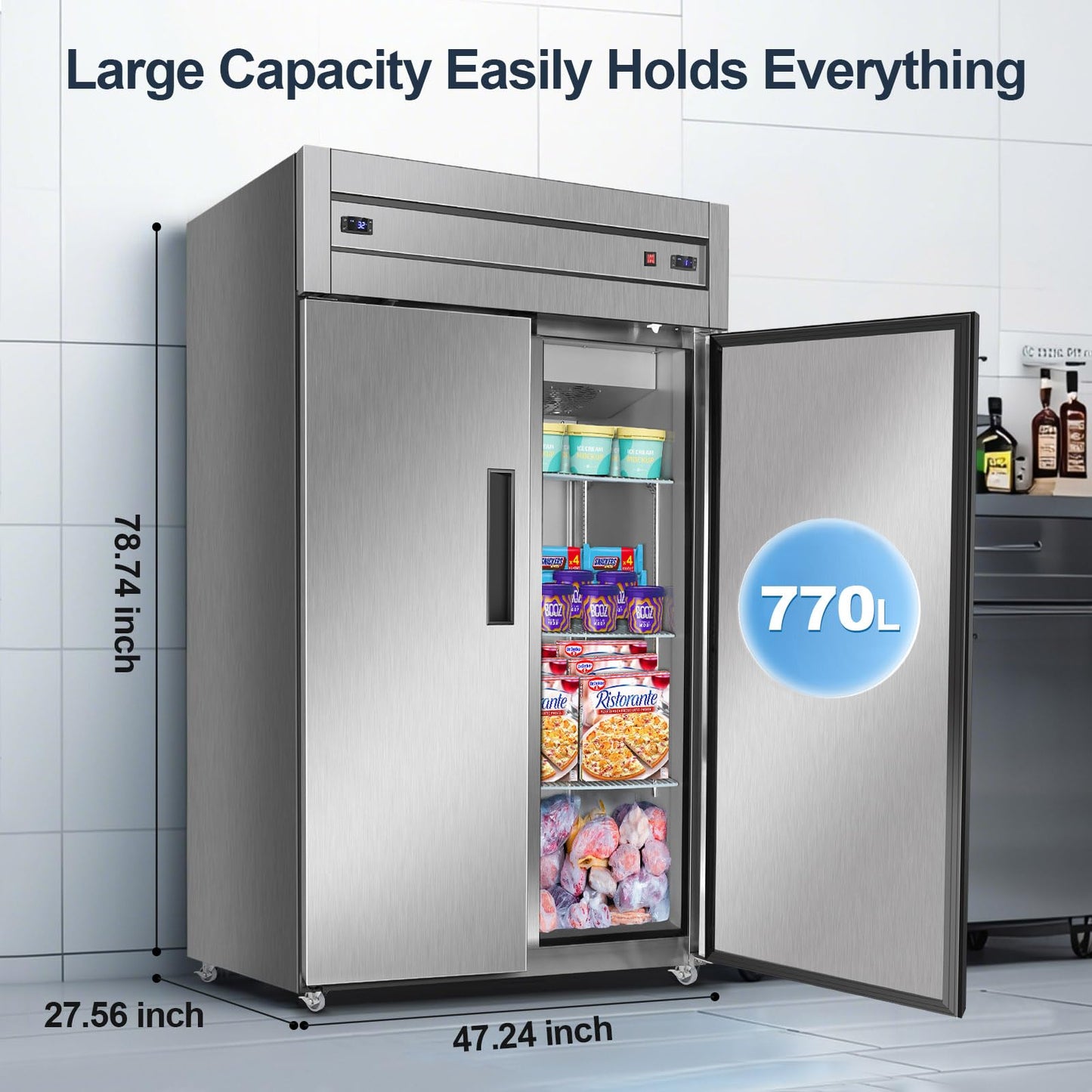 Tylza Commercial Refrigerator and Freezer Combo, 48" W Dual Temperature Zones, All Stainless Steel Design, 770L 6 Adjustable Shelves Refrigerator and Freezer Combo for Restuarant, Shop, Garage, etc