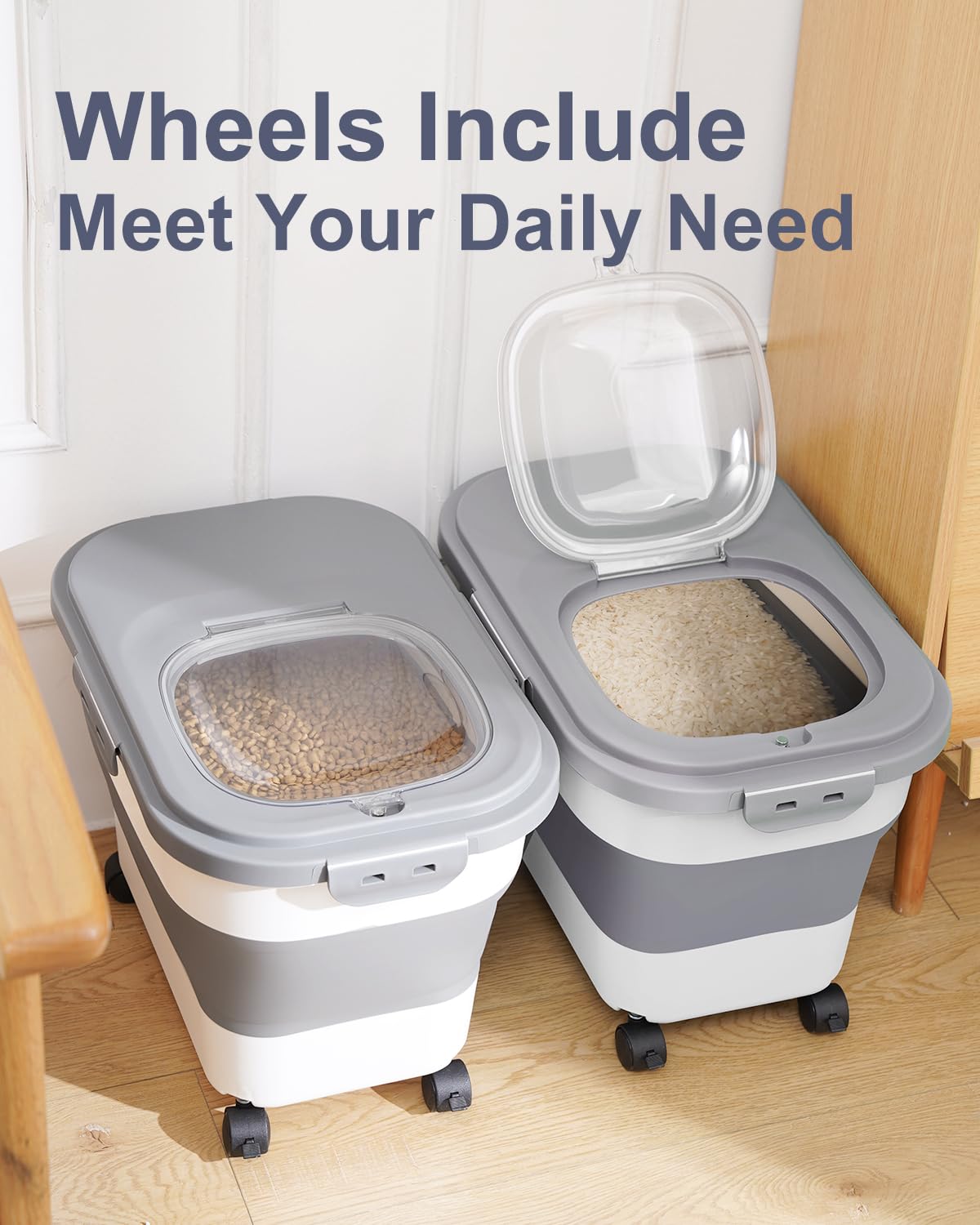 DDMOMMY 20-30 Lbs Rice Storage Container,Collapsible Food Storage Containers with Rolling Wheel Airtight Locking Lid,Flour Storage Container with Cup and Scoop,Suitable for Food,Rice,Pet Food,Flour