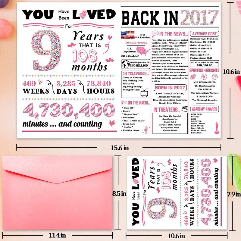 ATTLVV 9th Birthday Card, 9th Birthday Decorations for Girls,Happy 9th Birthday Gifts for Daughter,Cute 9 Year Old Birthday Gift Cards for Granddaughter