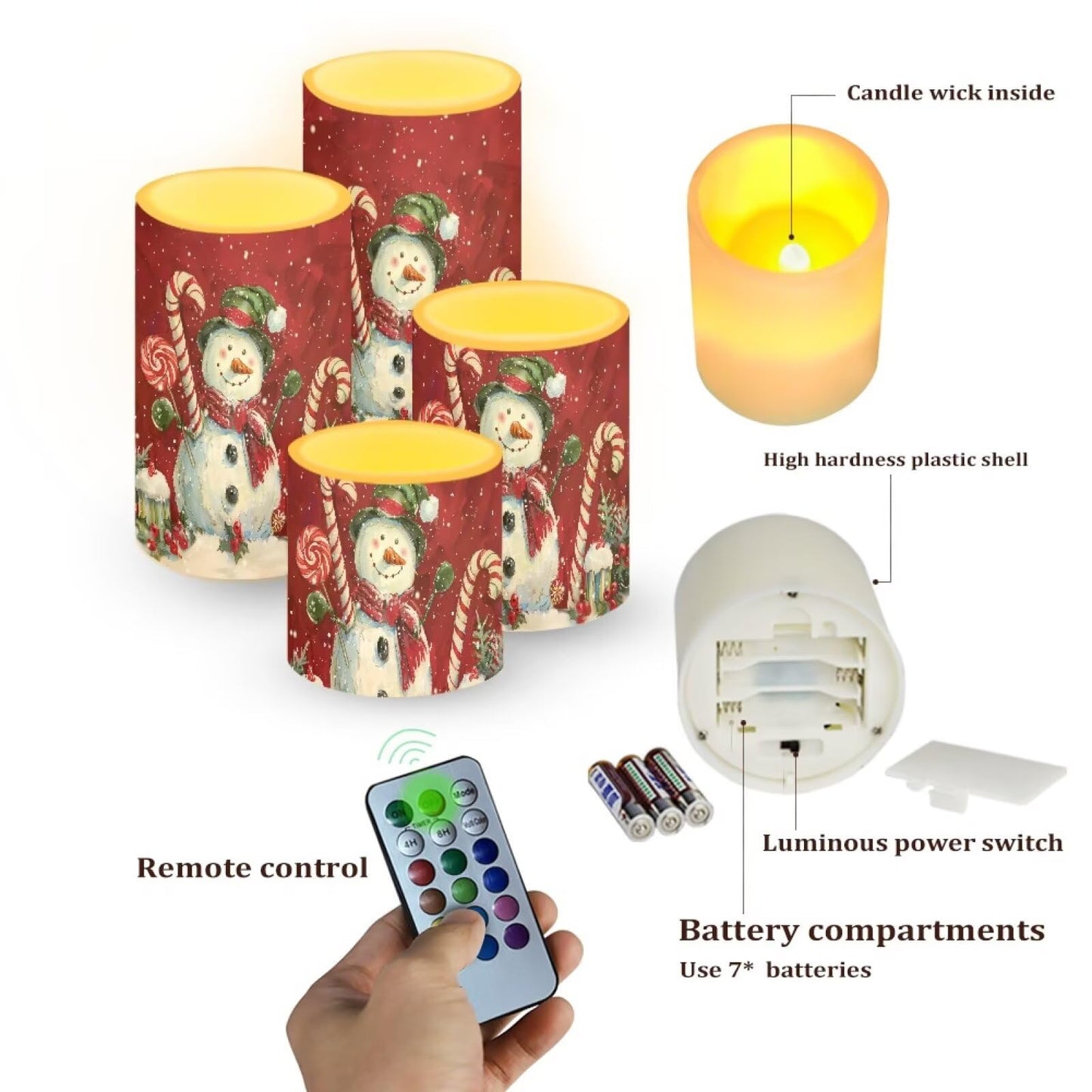 NETILGEN Flameless LED Battery Candles with 18-Key Timer Remote Control Colorful Lights Candles Set of 4 Christmas Cartoon Snowman Print