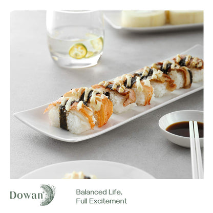 DOWAN 14" Sushi Plate Set of 4 - Long Rectangle Plates and Cracker Trays for Serving - White Ceramic Platters for Party and Entertaining - Dishwasher & Oven Safe