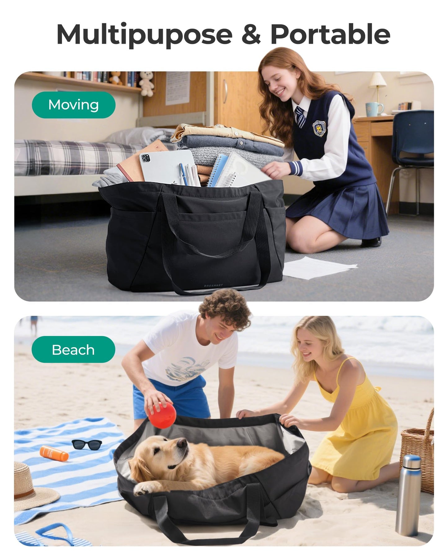 BAGSMART 73L Large Beach Bag, Reusable Shopping Bags, Foldable Tote for Moving Holiday Travel College Packing, Camel