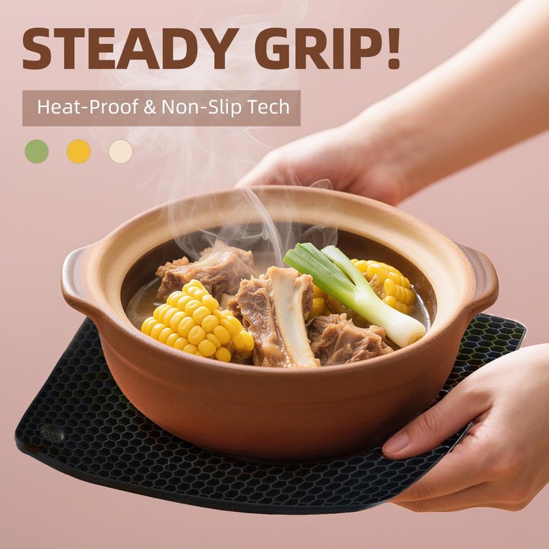 NICESOPIN 4 Pack Silicone Pot Holders & Hot Pads - Heat Resistant Non-Slip Mats for Kitchen Countertops, Trivets for Hot Dishes, Dishwasher Safe & BPA-Free (Black)