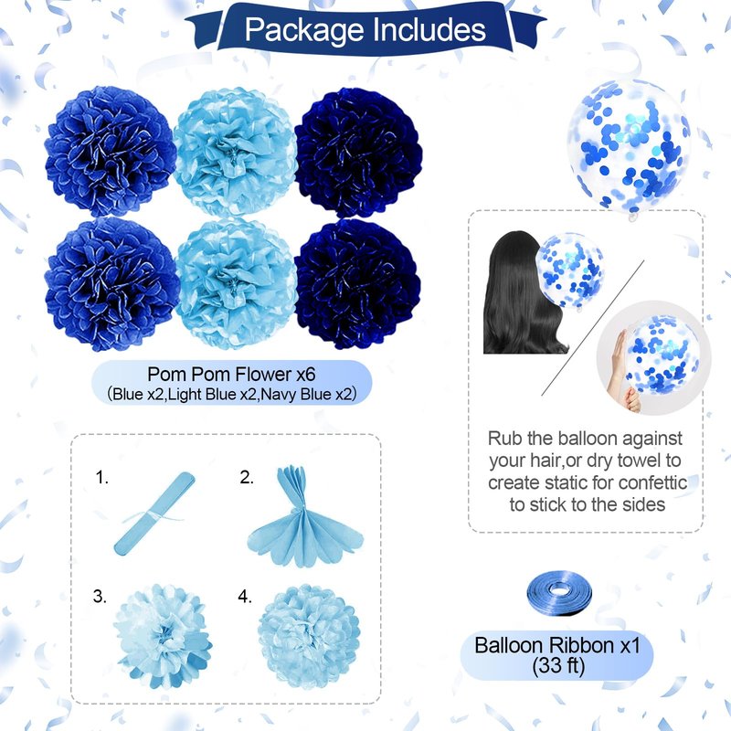 Iysoll Blue Birthday Party Decorations for Boys Men Happy Birthday Banner Balloons Navy Royal Light Blue Pom Poms Foil Curtain Décor Party Decorations for Baby Boy