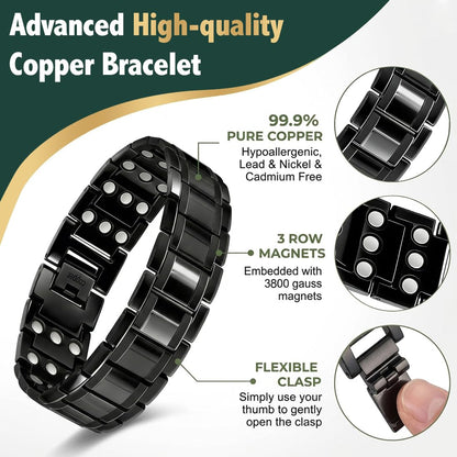 Vicmag Copper Magnetic Bracelet for Men, 3X Strength Magnets, Pure Copper Bracelet & 9X Magnet Ring Set, Adjustable Fit with Sizing Tool(Classic Black)