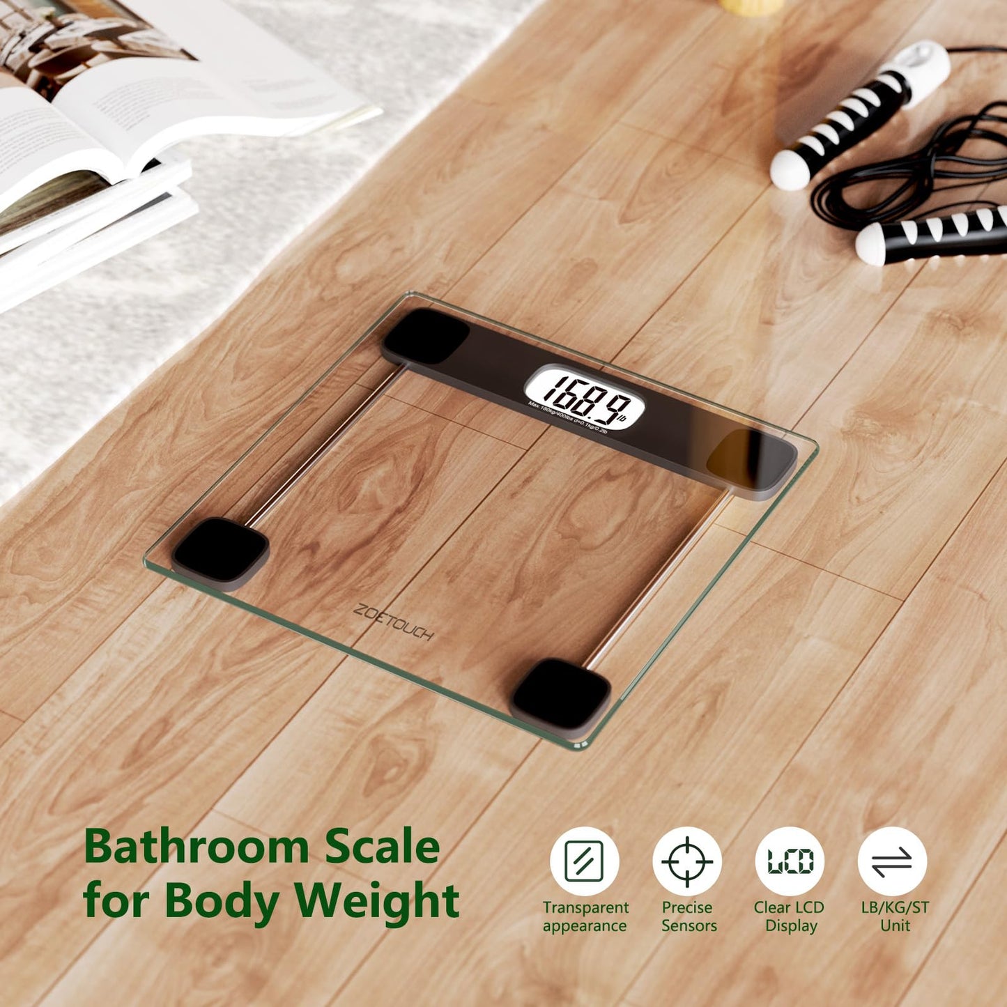 ZOETOUCH Scale for Body Weight Digital Bathroom Scale Accurate Weighing Machine for People, High Precision Bath Scale, Step On, Tempered Glass LCD Display Batteries and Tape Measure Included, 400lbs