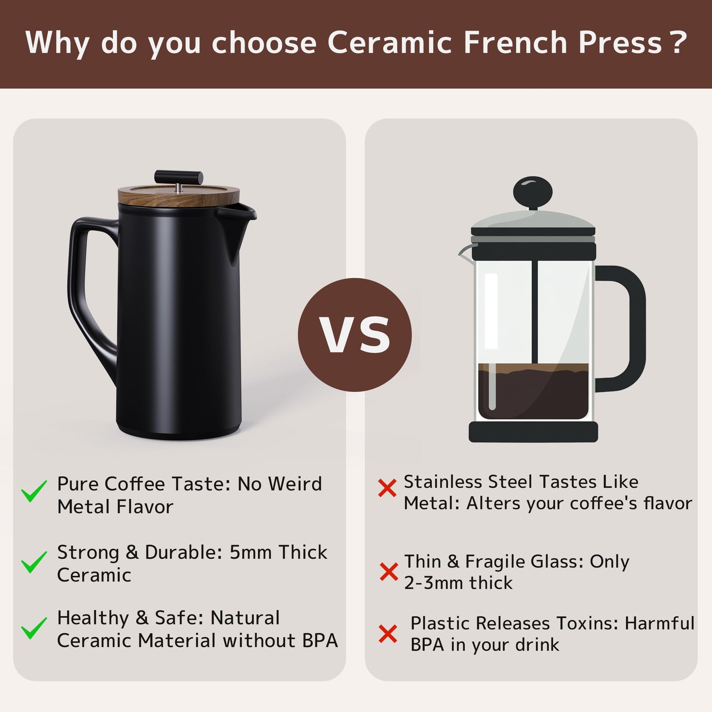 DHPO Ceramic French Press Coffee Maker, 22oz Single Serve Coffee Press with Walnut Wood Lid, Lead-Free, Food Grade Stainless Steel Filter with Dual Screen for Coffee and Loose Tea, Black