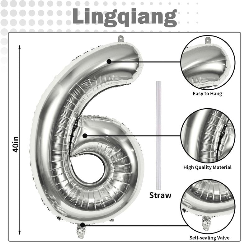 40" Silver Number 6 Balloon for Girls Boys, Large Self Inflating Helium Foil Number Balloons Set 0-9 for Women Men 6th 16th 60th Birthday Anniversary Wedding New Year Party Decorations Supplies