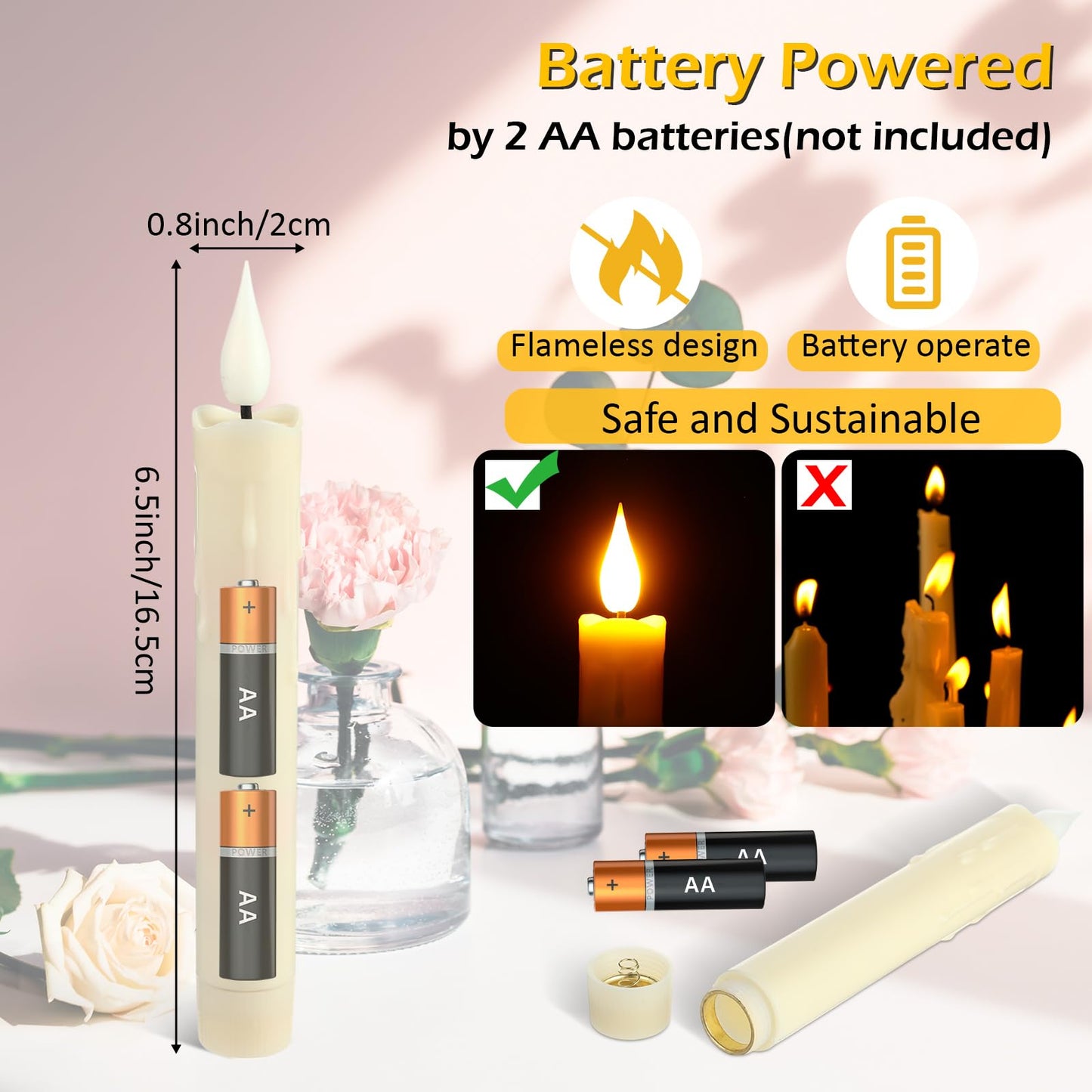 Baquler 48 Pcs 6.5 Inch Ivory Flameless Taper Candles LED Candle Sticks Battery Operated Flickering LED Candlestick Window Plastic Candle for Wedding Halloween Christmas Decor(No Battery)