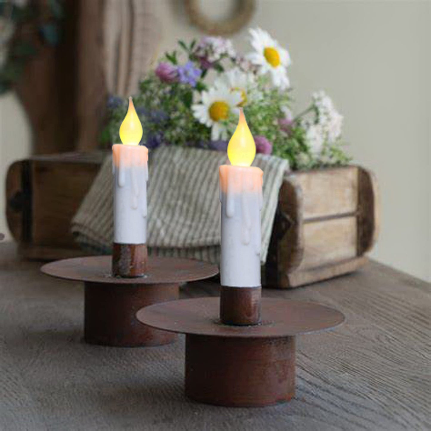 CVHOMEDECO. Flickering Taper Candles LED Drip Flameless Candles, Battery Operated with Timer, White, 4-3/4 Inch, Set of 2