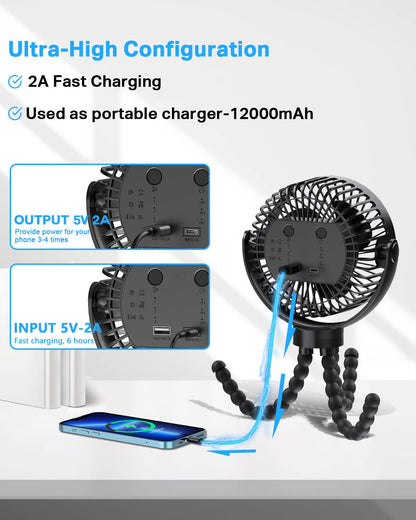 Portable Fan, Stroller Fan 60Hrs 12000mAh Battery Operated Fans USB Rechargeable Small Fan for Bedroom, Desk, Personal Handheld, Clip on Fan for Baby Stroller, Travel, Car Seat, Peloton, Bed, Camping