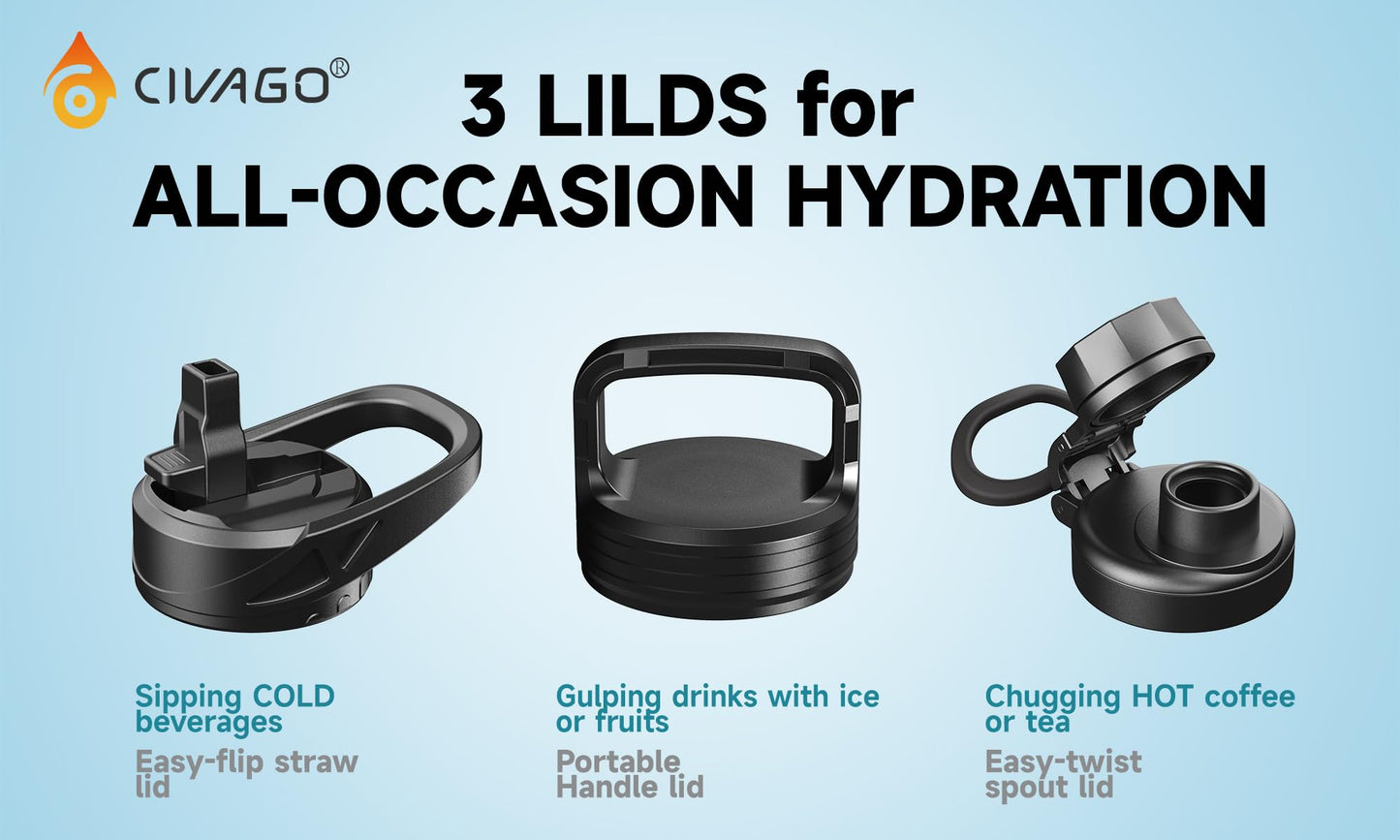 CIVAGO 40 oz Insulated Water Bottle With Straw, Stainless Steel Sports Water Cup Flask with 3 Lids (Straw, Spout and Handle Lid), Double Walled Travel Thermal Canteen Mug, Midnight Black
