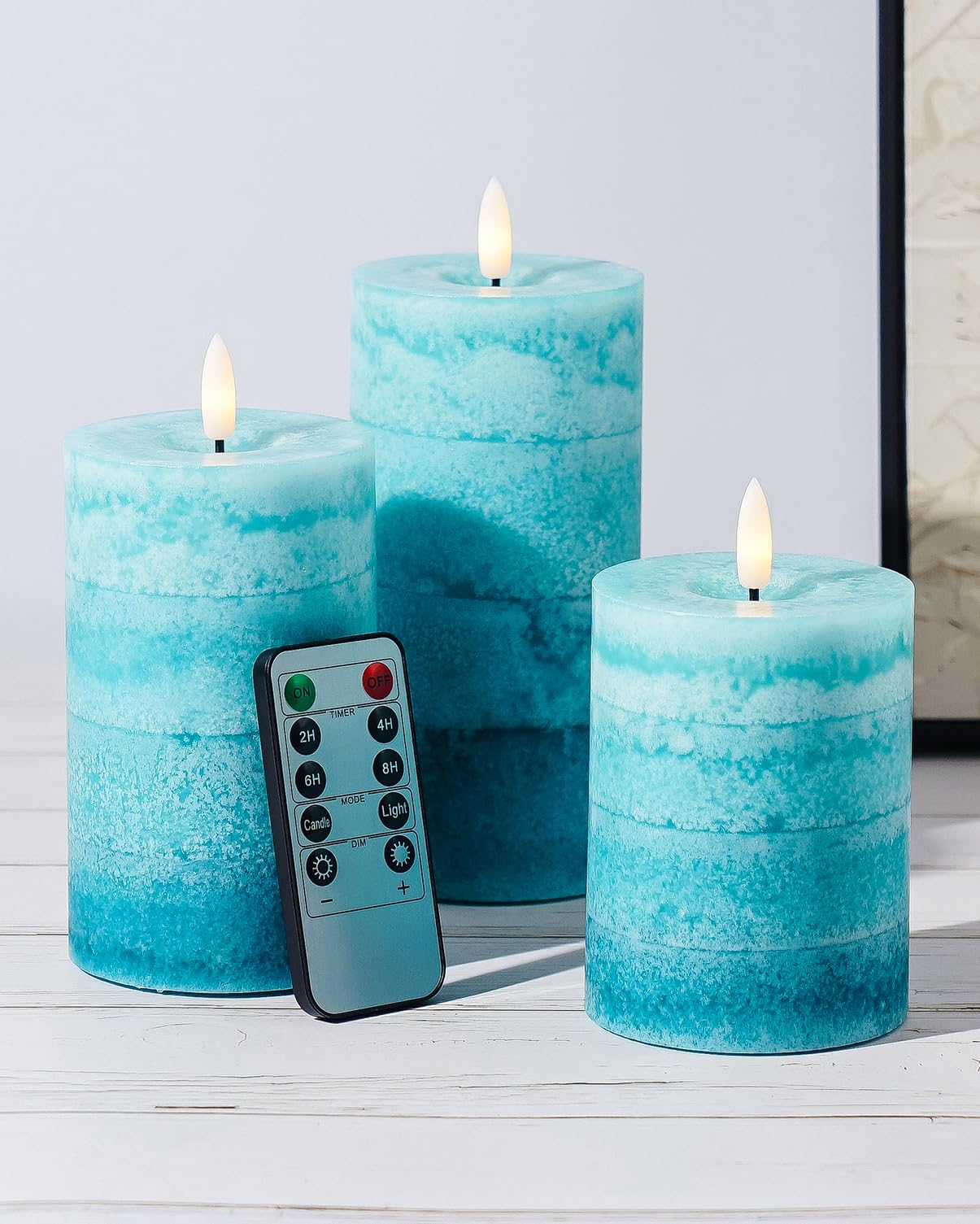 Stmarry Gradient Teal Flameless Candles with Remote and Timer, Real Wax Made LED Pillar Candles Battery Operated with 3D Flickering Flame - 3" x 4",5",6" - Set of 3 Turquoise Candles