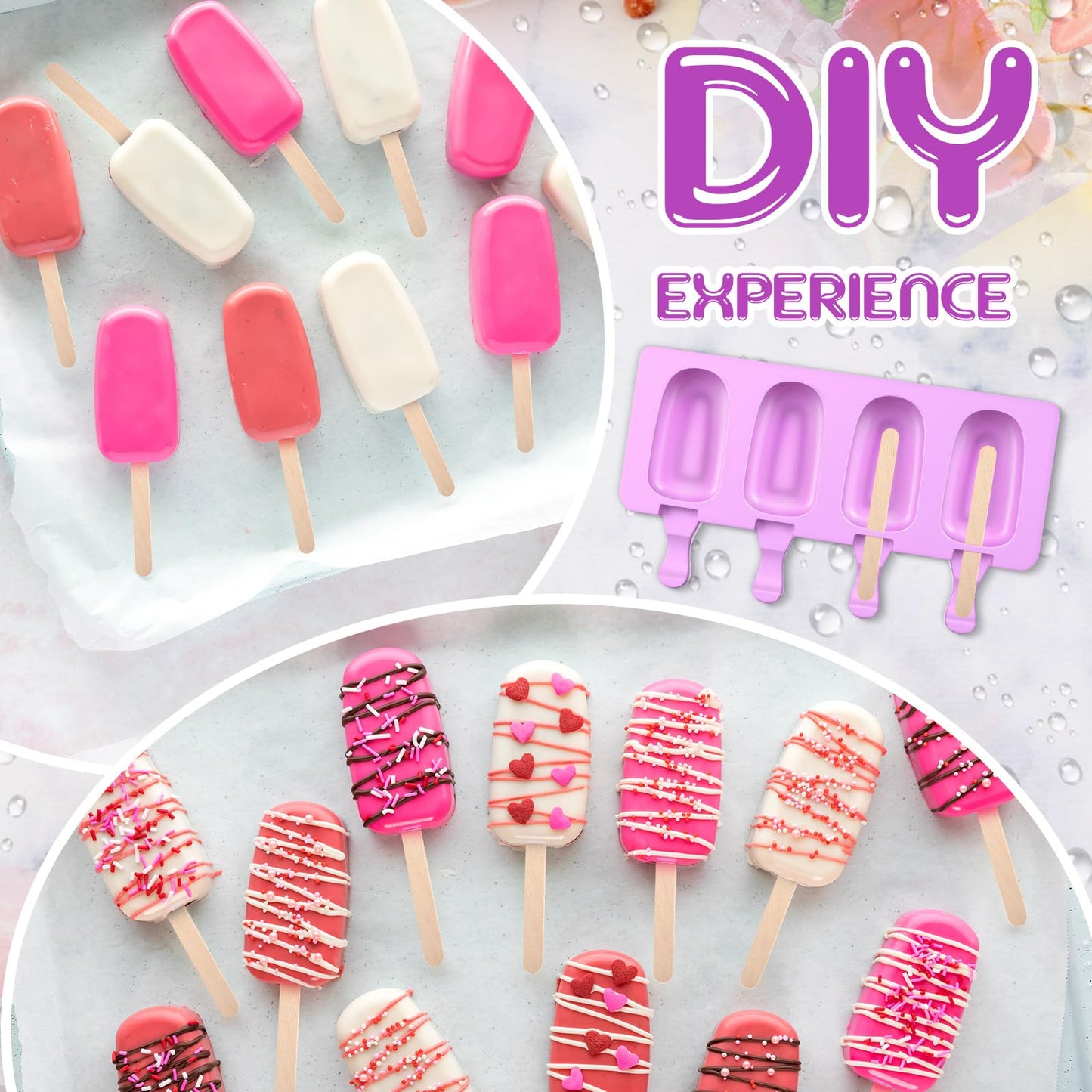 Outus 4 Pieces Ice Cream Mould Silicone Ice Lolly Mold 4-cavity Cake Pop Moulds Baking Molds with 200 Pieces Sticks for Treats (Purple)