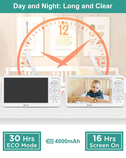 6" Baby Monitor with 2 Cameras and Audio 30 Hours Battery Upgrade Split Screen Video Baby Monitor Remote Pan-Tilt-Zoom 178°Wide-Angle 150 Languages No WiFi ECO 2-Way Talk Night Vision 1000ft Travel