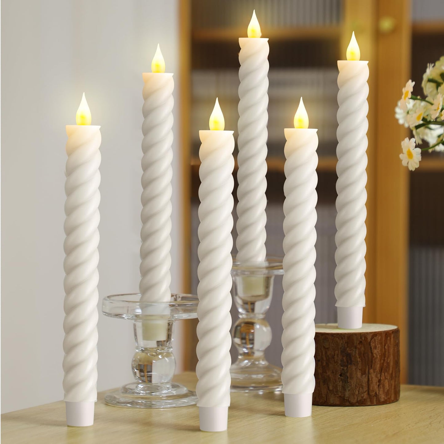 Baquler 6 Pcs White Flameless Taper Candle Twisted LED 9.65 Inch Spiral Taper Candles Battery Operated Twisted Candlesticks for Spring Wedding Birthday Home Party Holiday Dinner Fireplace