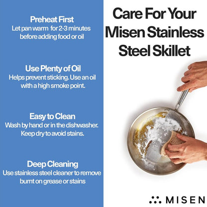 Misen 5-Ply Stainless Steel 12" Frying Pan - Professional Cookware for Induction, Gas and Electric - Dishwasher Safe, Oven Safe to 800°F - Durable, Versatile, Even Heating