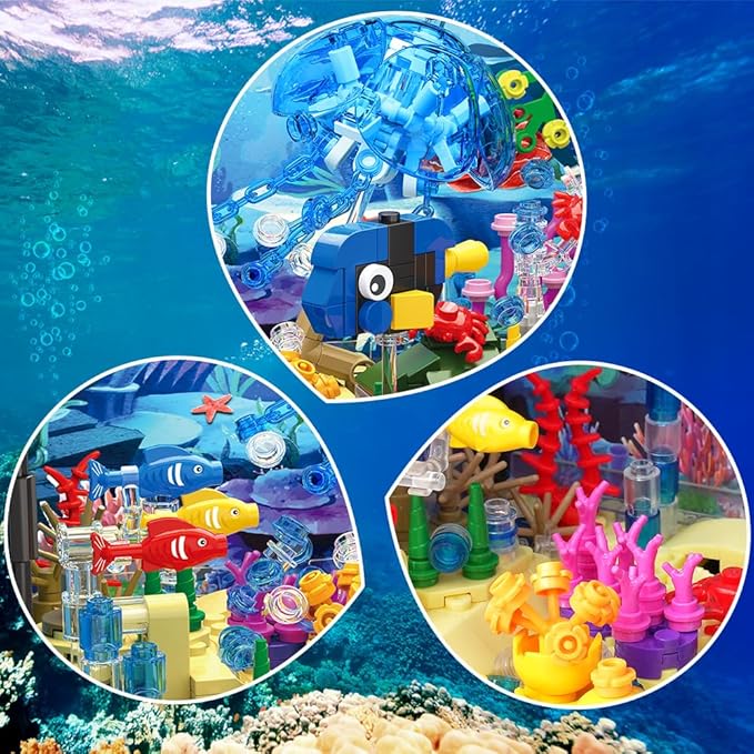 HOGOKIDS Fish Tank Building Set with LED Light - Movable Aquarium Building Toys for Adults Kids | 725PCS Creative Aquarium Toy with Jellyfish Fish Animal Educational Gift for Boys Girls Age 8-14