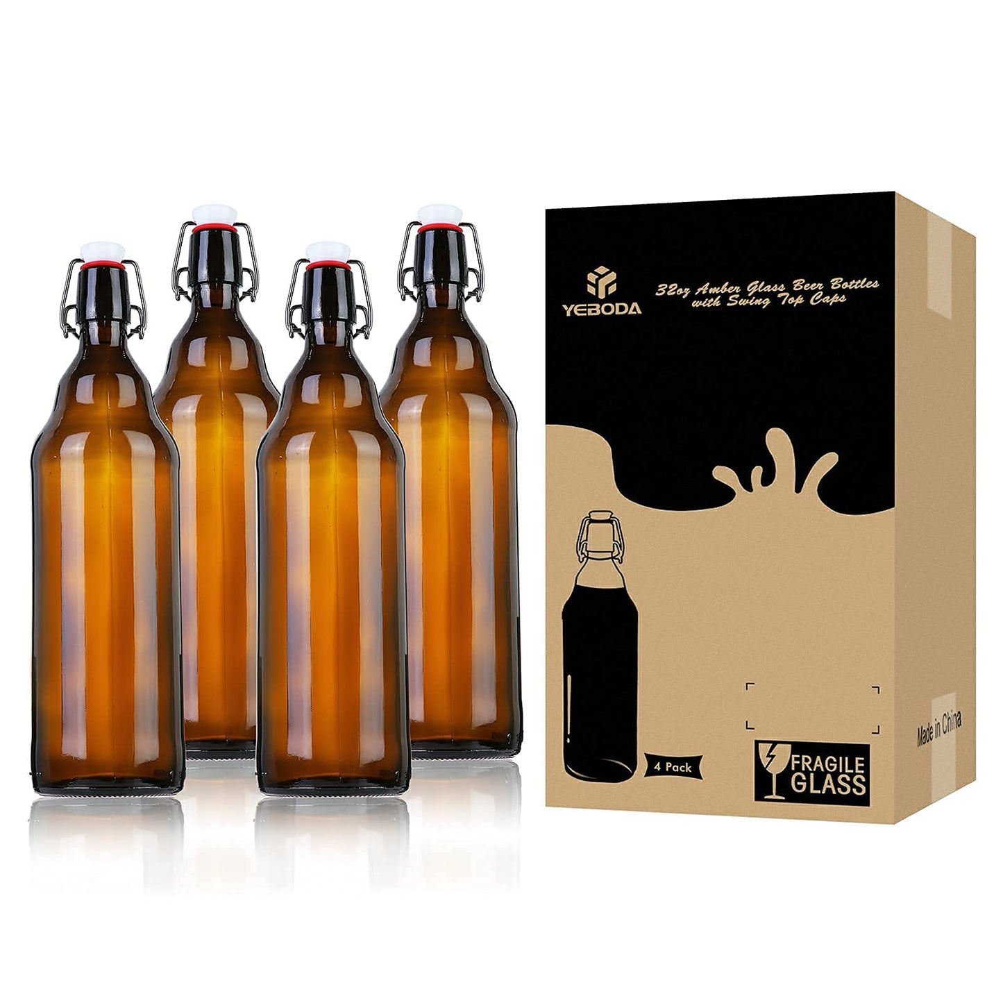 YEBODA 32 oz Amber Glass Beer Bottles for Home Brewing with Flip Caps, Case of 4