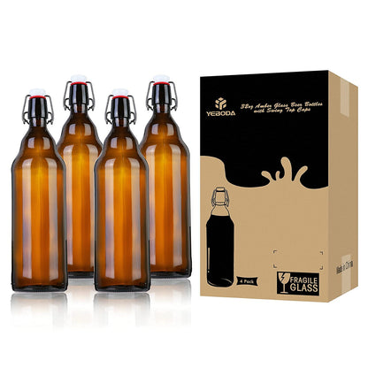 YEBODA 32 oz Amber Glass Beer Bottles for Home Brewing with Flip Caps, Case of 4