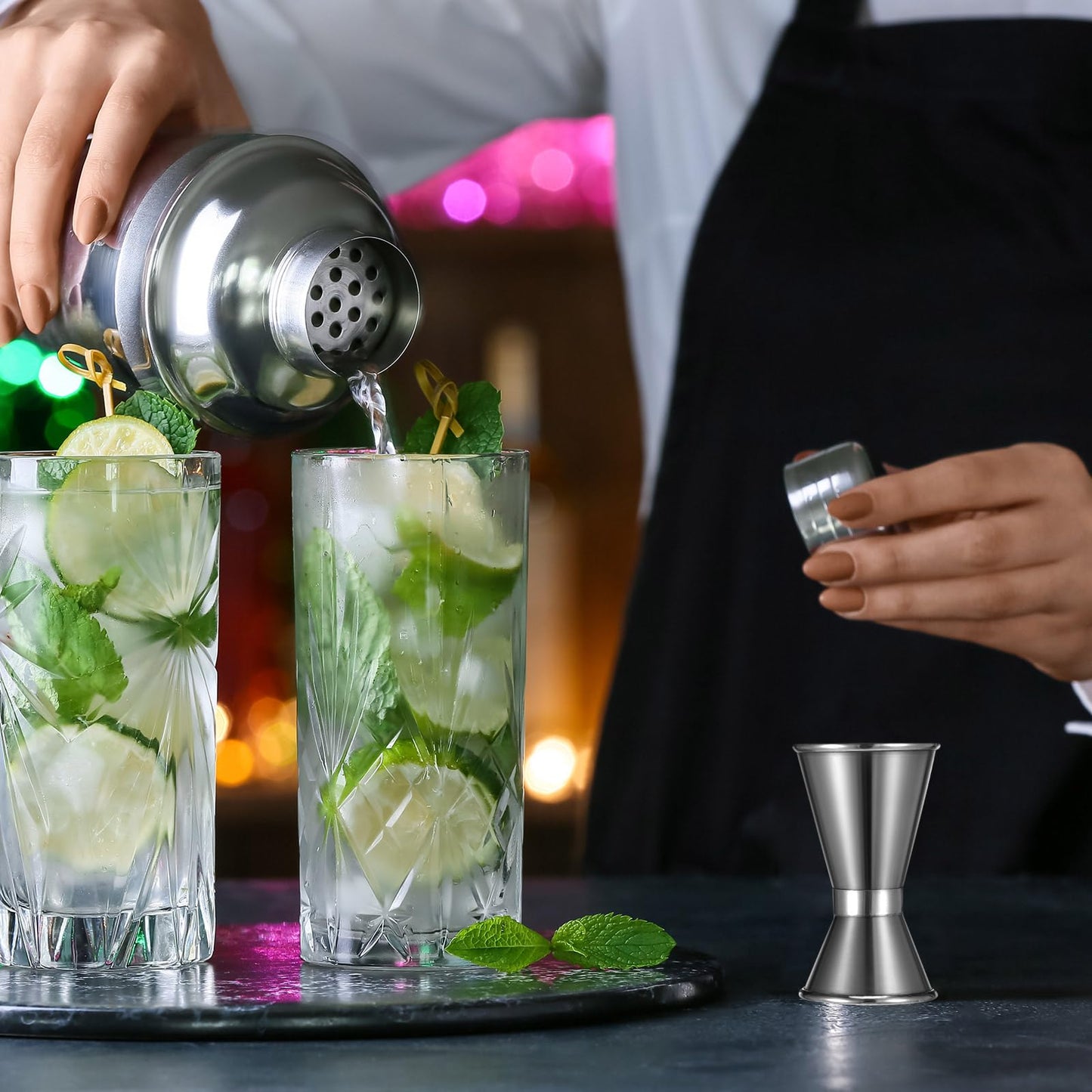 Hoteam 9 Pieces Stainless Steel Jigger for Bartending 1 and 1/2 oz Cocktail Jigger Shot Measuring Cup 15ml and 30ml Japanese Style Double Jigger Bartender Bar Supplies, Round Rim and Thin Waist