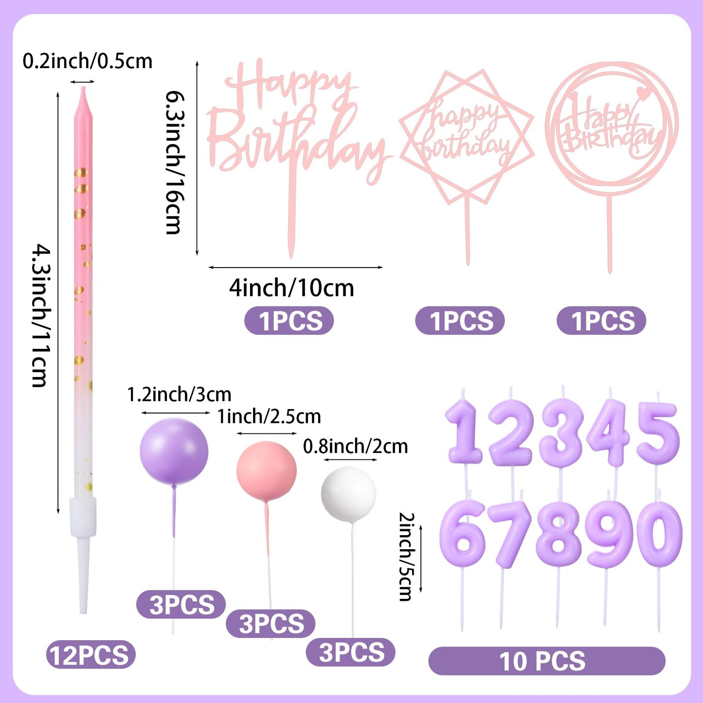 Yerliker 34 Pcs Happy Birthday Cake Toppers Decorations Birthday Candles DIY Cake Decor for Men Women Wedding Anniversary(Purple Pink)