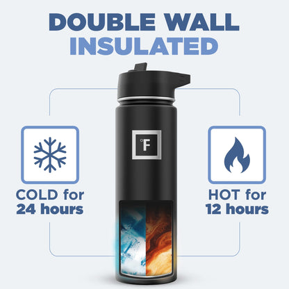 IRON °FLASK Camping & Hiking Hydration Flask with 3 Lids - Stainless Steel, Double Walled & Vacuum Insulated Water Bottle - Leak Proof & BPA Free (Midnight Black, Straw - 22 oz)