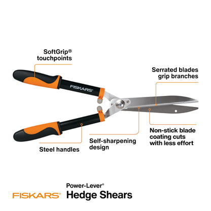 Fiskars 23-Inch Power-Lever Hedge Shears, Self-Sharpening Precision-Ground Steel Blades, For Trimming/Shaping Hedges and Shrubs in Your Garden, Lawn and Yard Tools, Black/Orange