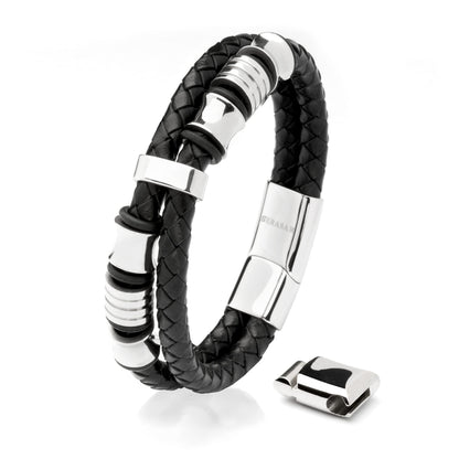 SERASAR 8″ Silver Leather Bracelets for Men Mens Cowhide Gift Box Braided Bracelet Stainless Steel Jewelry Wrist Band Cuff Wrap Rope Bangle Dad Pulseras para Hombres Cuero Regalo