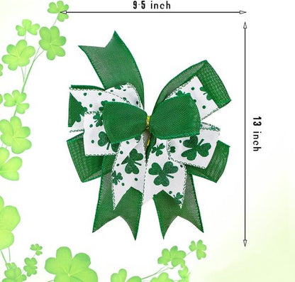 Clover Patrick's Day Wreath Bow - Green Shamrock DIY Craft Ribbon Ornament | 9.5 x 13 Inch