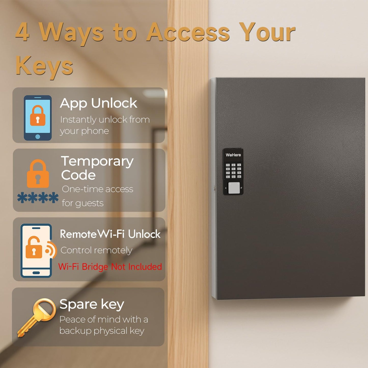 DiDiHer192-Key Smart Key Lock Box with Key Management App(Track Key Borrow/Return), Keypad, Bluetooth & WiFi Unlock (Sold Separately), Wall-Mount Commercial Key Cabinet for School, Rental, Office