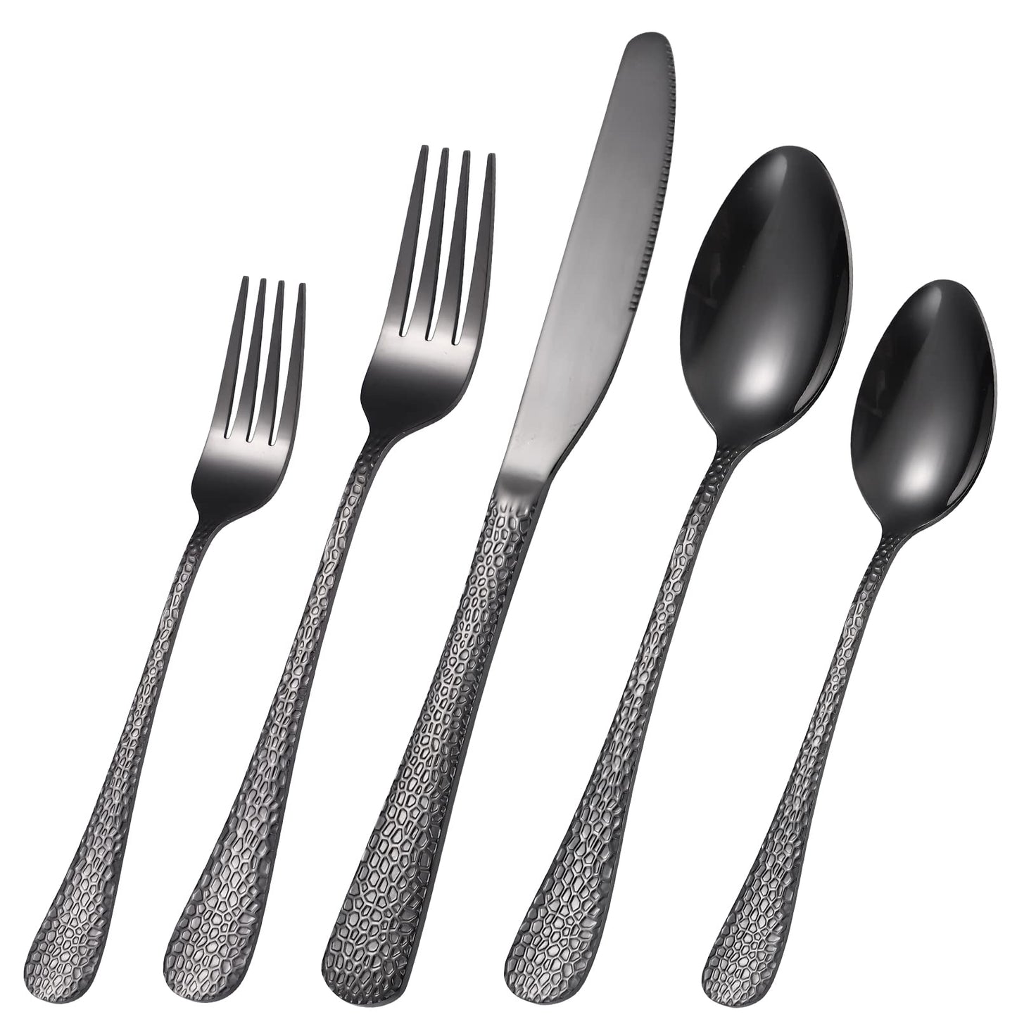 A · HOUSEWARE Black Hammered Silverware Set 8 Stainless Steel Flatware Vintage 40 piece include Knife Fork Spoon Proper Weight for Parties Restaurant Utensils and Kitchen Daily Use