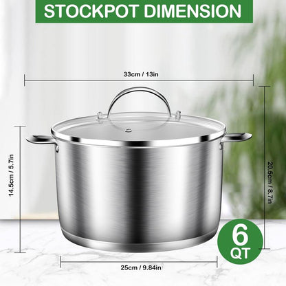 STOCKPOT Cooking Pot, Stainless Steel Stock Pot with Glass Lid, 6 Quart Soup Pot, Induction Compatible, Dishwasher Safe