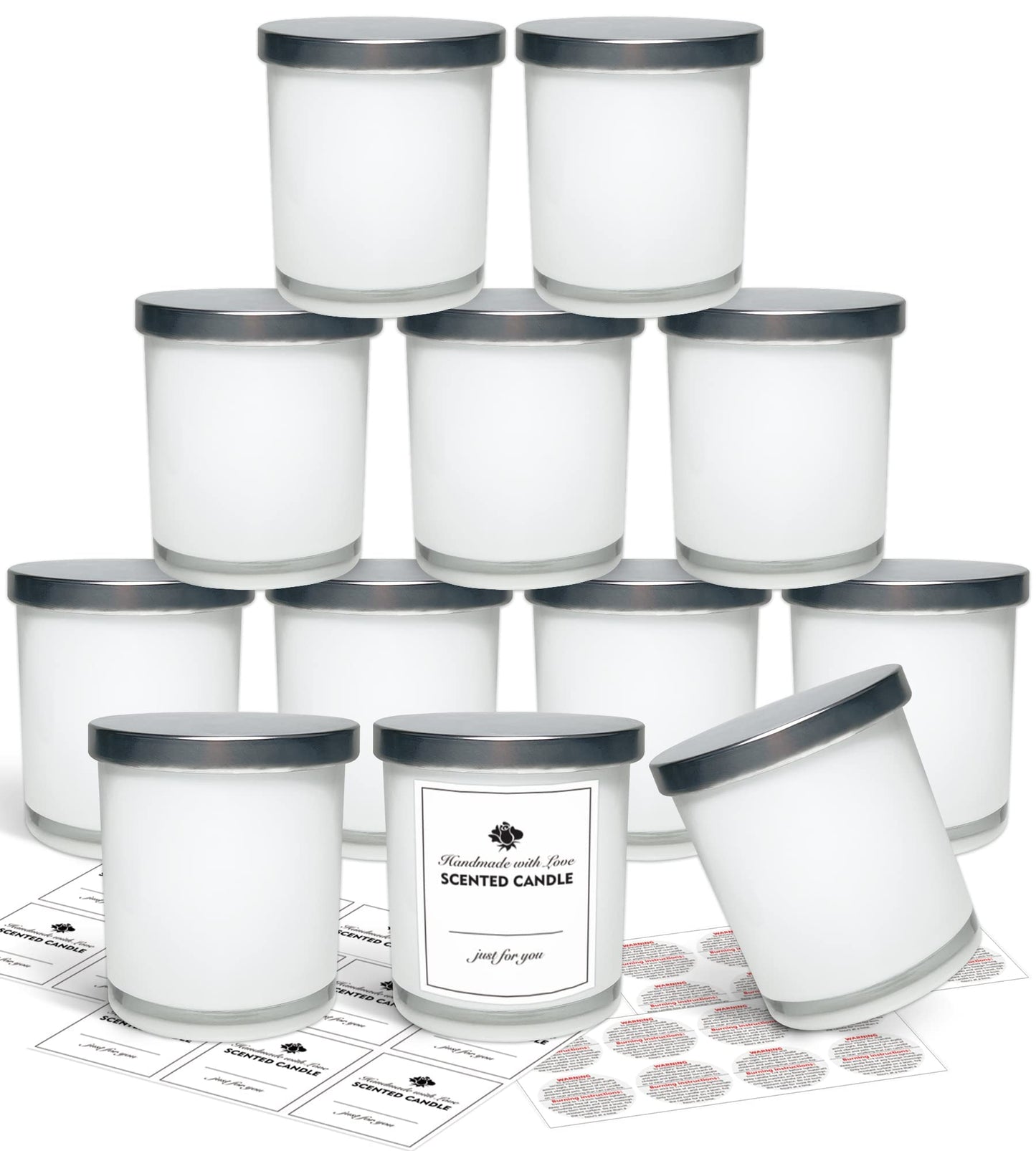SUPMIND 12 Pack 10oz Glass Candle Jars with Lids and Sticky Labels, Empty Candle Jars for Making Candles Bulk Containers(Inner White)