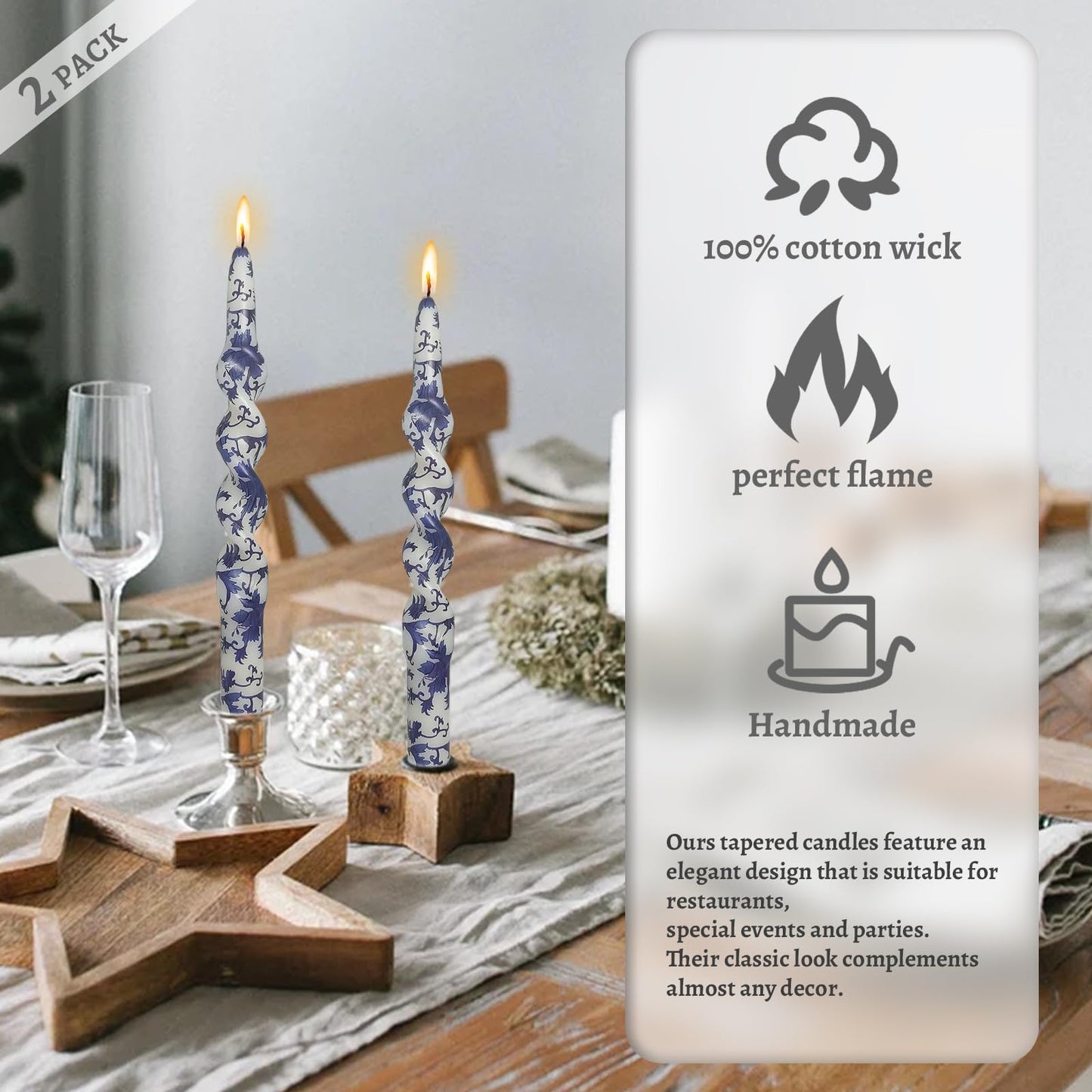 Unscented Floral Taper Candle Spiral Candlesticks - Set of 2 Blue and White Handmade Twisted 10 Inch Long Candle Sticks Print Tapered Candles for Home Wedding Dinner