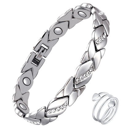 Feraco Copper Bracelet for Women 99.99% Solid Copper Magnetic Bracelets, Unique X Shape Links, Magnetic Field Therapy Jewelry Gifts (Silver X with Ring)