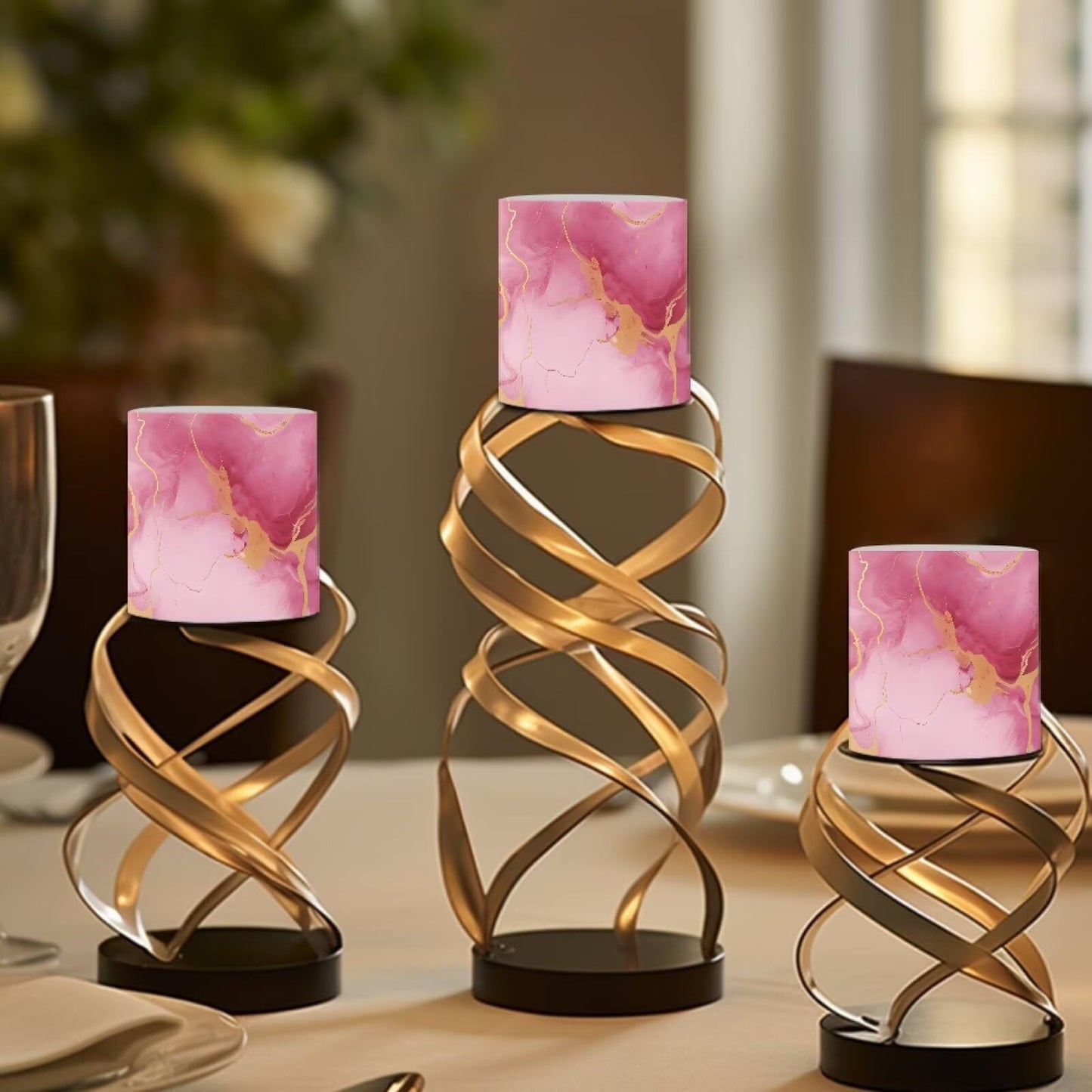 Cozeyat Pink Marble LED Candles Set of 4 Battery Powered Flameless with Remote Timer Flickering Flame Waterproof for Home Patio Table Decor