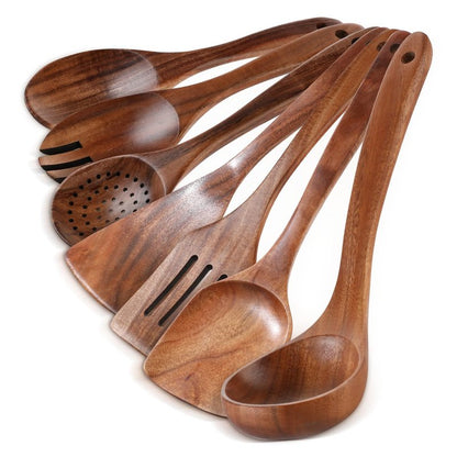 Wooden Spoons for Cooking - 7 Pieces Wooden Kitchen Utensils Set, Smooth Natural Teak Wood Utensil Set, Nonstick Heat-Resistant Cooking Utensils - Lightweight & Sturdy, Wooden Spatula for Cooking