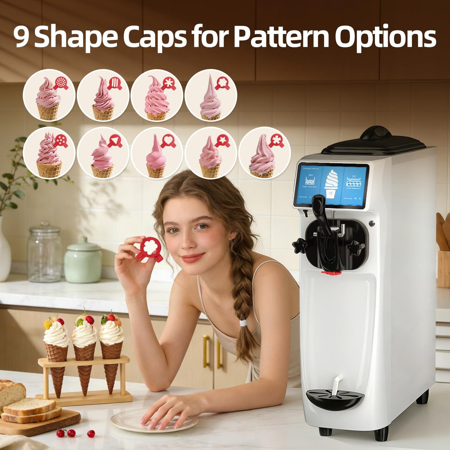 GSEICE Soft Serve Ice Cream Machine, 4 to 4.5 Gal/H Ice Cream Maker 7 Inch Screen Soft Serve Machine with Pre-Cooling & Fresh-Keeping, 6L Stainless Hopper, Enclosed Body for Home Party Café Store